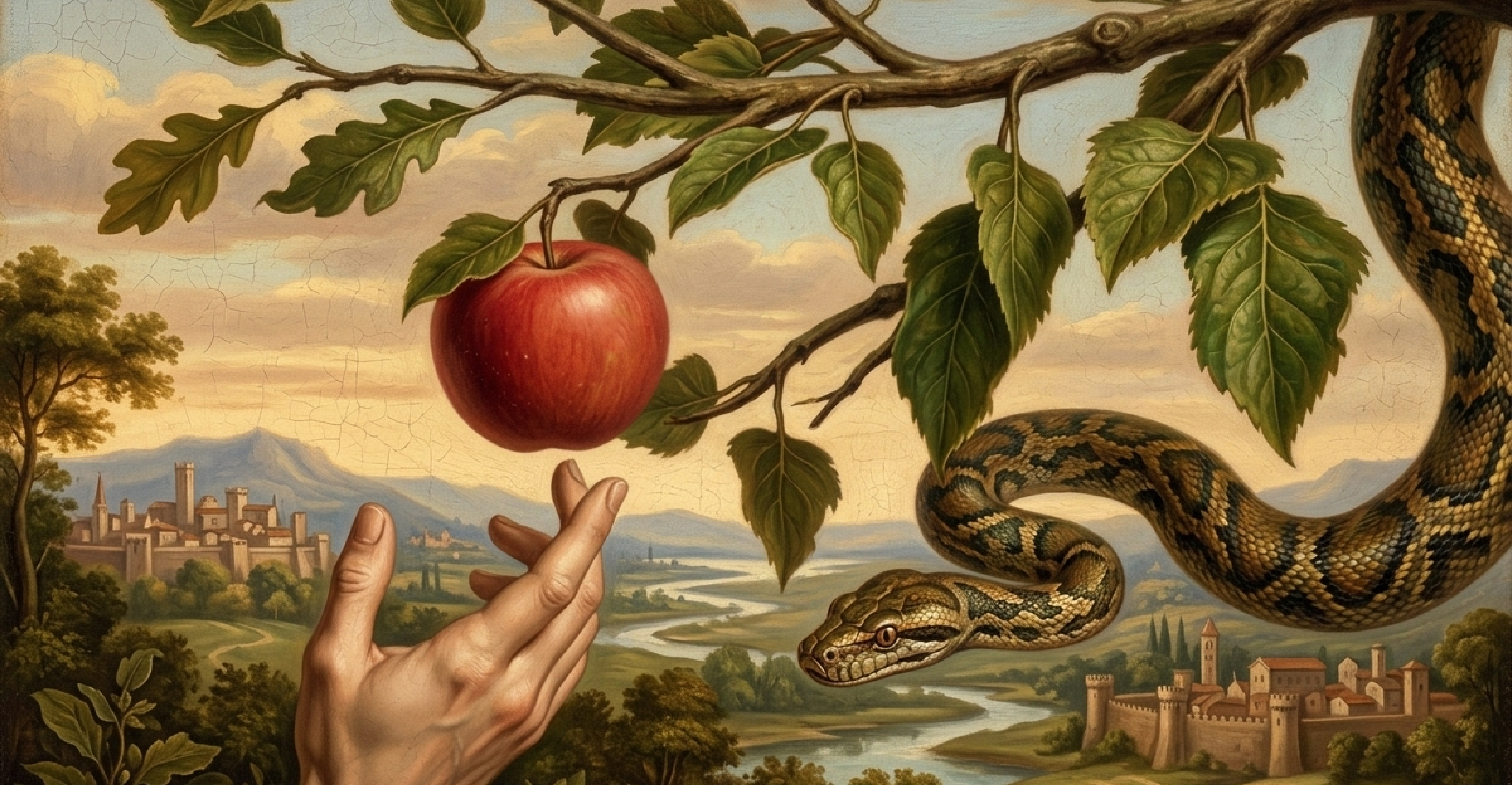 Gemälde einer Hand, die nach einem Apfel greift – eine Schlange windet sich daneben, Anspielung auf den Garten Eden, im Hintergrund eine normannische Landschaft