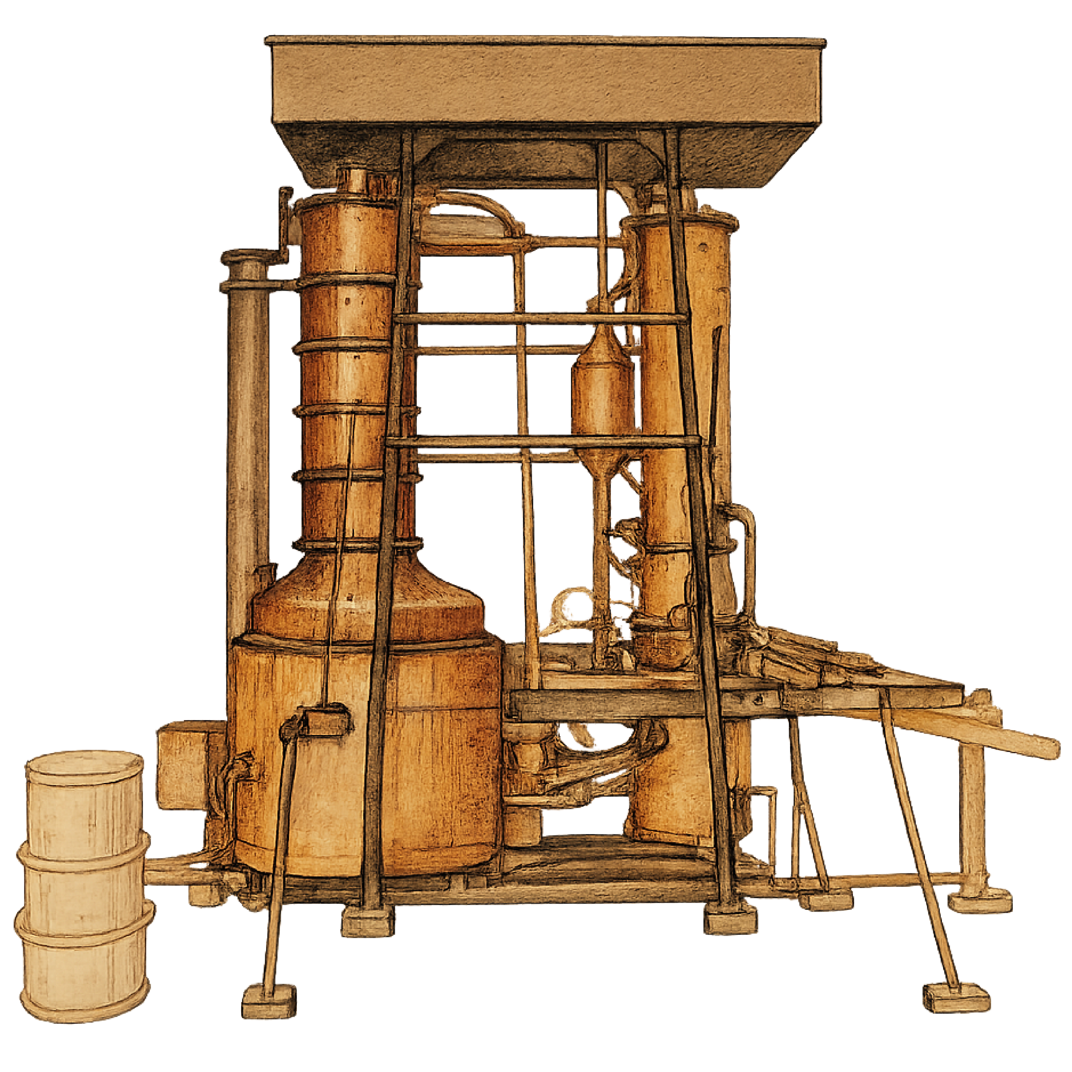 Historische Illustration einer normannischen Calvados-Destillerie aus dem 16. Jahrhundert